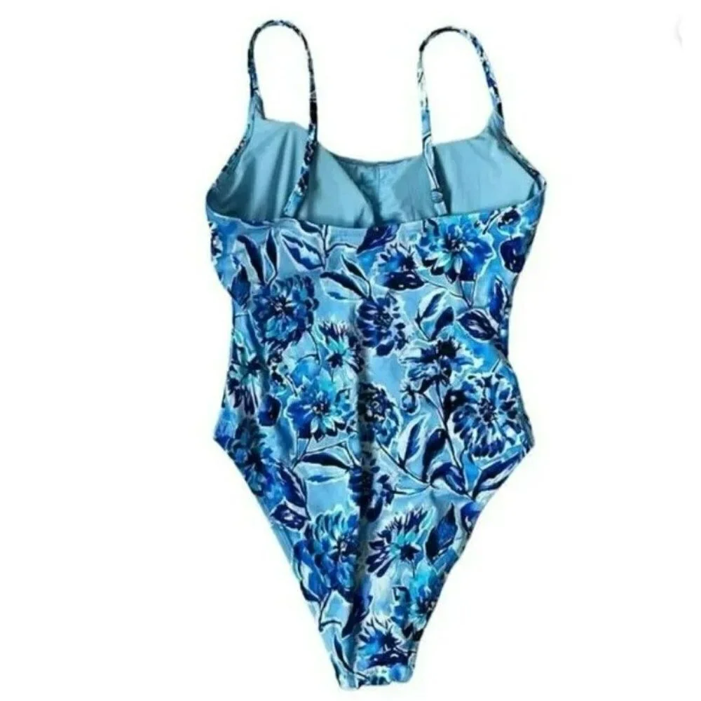 Andie Swim The Amalfi One Piece Swimsuit Bathing Suit Blue Floral‎ Size Large